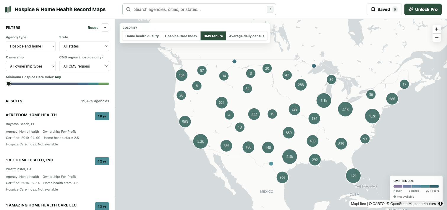 National hospice and home health explorer colored by Medicare measures